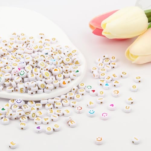 600Pcs Flat Round Vowel Letter Beads 7x4mm with Letter A E I O U Gold Letters White Acrylic Beads for Jewelry Making with Colorful Smiling Faces and Heart - color: Mixed Gold