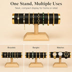 Jewelry Display T-Bar Stand – Elegant Black PU Leather & Natural Oak Wood Base, Space-Saving Organizer for Bracelets, Watches & Bangles - color: Round PU Black