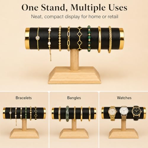 Jewelry Display T-Bar Stand – Elegant Black PU Leather & Natural Oak Wood Base, Space-Saving Organizer for Bracelets, Watches & Bangles - color: Round PU Black