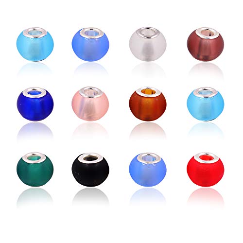 AIPRIDY 100Pcs 15x11mm Painting Murano Large Hole Glass Beads Mix Color with Silver Brass Cores European Charm fit Bracelet Necklace (Dull Polish Effect) - color: Dull Polish Effect