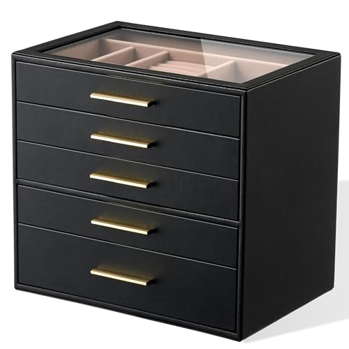 pickpiff Jewelry Box Organizer Case for Women: 5-Layer Jewelry Storage Case with Glass Window, Black Leather with Blush Velvet, Holder for Ring Necklace Bracelet Brooch Watch, Great Gift for Her - color: Black, size: 5 layer