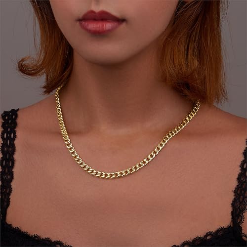 WomenGifts Cuban Link Chain Necklace for Women, Waterproof 14k Gold Silver Plated Chain Choker, Non Tarnish Stainless Steel Jewelry, 3.5/5/6/8/11mm,14/16/18 Inch Thin&Chunky&Thick - color: Gold, style: 5MM-18"