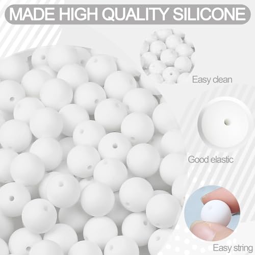 MAIBAOTA 120 Pcs White Silicone Beads - 15 mm Round Beads for Keychain, Pens, Bracelet, Necklace Making - Bulk Craft Kit - color: White
