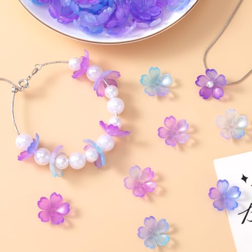 100pcs Cherry Blossom Beads, 5-Petal Gradient Acrylic Flower Beads, Mini Spacer Hair Accessories Halloween Christmas for Bracelets Earring Jewelry Making- Purple - color: Purple