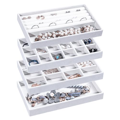 Frebeauty Jewelry Organizer Tray,Stackable Velvet Jewelry Trays,Drawer Inserts Earring Organizer For Women Jewelry Storage Display Case for Rings Stud Necklaces,Set of 4(White) - color: White, size: Set 4