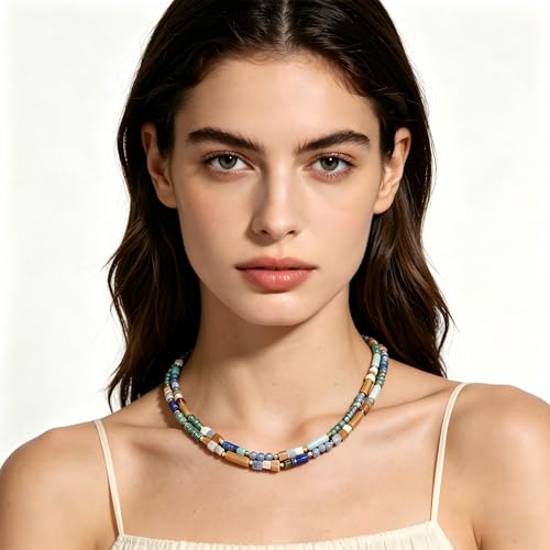 Plumiss Boho Handmade Natural Jasper Stone Beaded Crystal Mixed Strand Short Necklace for Women Girl - color: Mixed Natural Stone