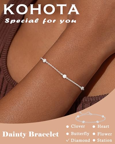 KOHOTA Silver Gold Bracelets for Women Trendy 14K Gold Plated Bracelet for Women Non Tarnish Dainty Stackable Clover Flower Heart Butterfly Diamond CZ Charm Station Bracelets Stack Jewelry Gifts - color: D: Diamond Station-Silver