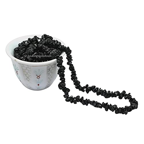Black Tourmaline Pre Drilled Crystal Crushed Chips Beads for Bracelets Making, DIY Handmade Natural Healing Crystals (25 Inch Strand) - color: Black Tourmaline