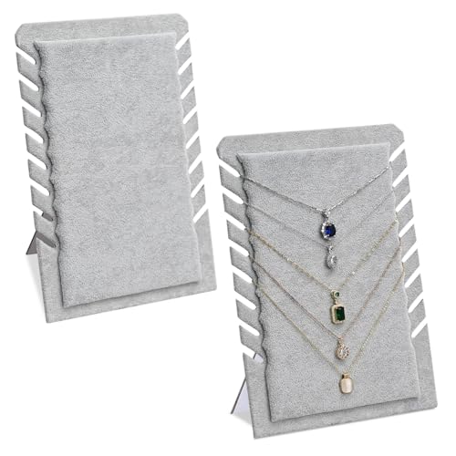 MOOCA 2 Pcs Set Freestanding Velvet Necklace Chain Display Stand for Multiple 8 Necklaces, Jewelry Display Stand, Chain Display Pad for Vendor, Gray Color - color: Gray, 8 Slots