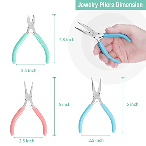 WORKPRO Jewelry Pliers Set, 3 Pack Jewelry Making Tool Kit Includes Mini Needle Nose Plier/Chain Nose Plier, Round Nose Plier and Wire Cutter for Jewelry Repair, DIY Crafts, Jewelry Making Supplies - color: Light Blue, Light Green, Pink