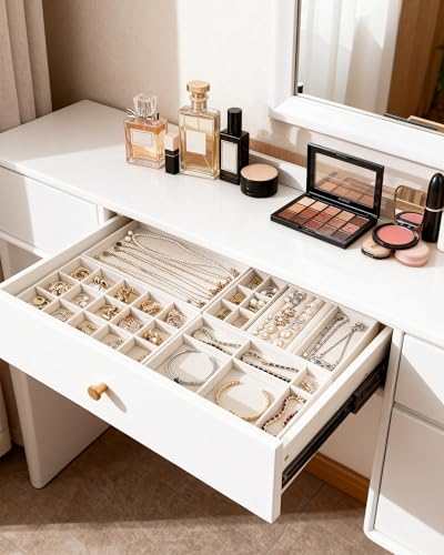 Stackable Jewelry Organizer Trays with Removable Dividers, 4-Tray Beige Jewelry Drawer Organizer Set for Earrings, Necklaces, Rings & Bracelets Gift for Her - size: 4 Layers