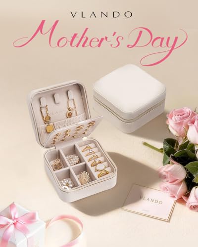 VLANDO Mothers Day Mom Gifts - Travel Jewelry Case, Small Travel Jewelry Organizer Box for Girls Women - White - color: White