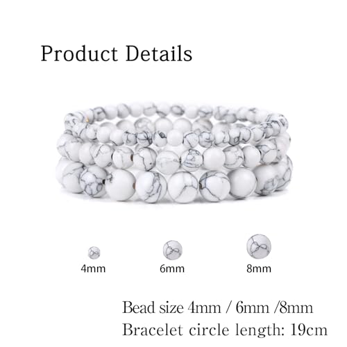 3 PCS Healing Crystal Bracelets for Women 8mm Natural Stone Beaded Stretch Bracelet Amethyst Jewelry Gifts - color: 4,6,8mm Howlite