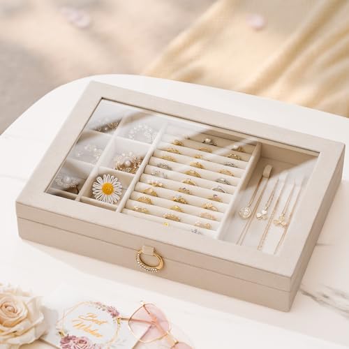 bussdis Glass Lid Jewelry Organizer Box – Beige Velvet Jewelry Case with Ring Slots, Necklace Hooks & Removable Compartments for Earrings, Rings & Bracelets - color: Beige