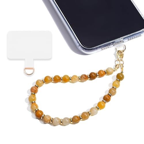 Marble Beaded Phone Wrist Strap,Detachable Phone Bracelet Strap with Tether Tab,Hands-Free Wristlet Strap (Yellow Jade) - color: Yellow Jade