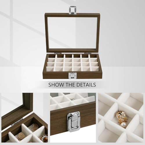 Wudygirl Wood Jewelry Organizer Small Jewelry Box Jewelry Tray with Lid Earring Organizer for Women Velvet Ring Holder Jewelry Storage Display for Drawer Earring Case 24 Grid (Beige) - style: Wood Beige 24 Grid