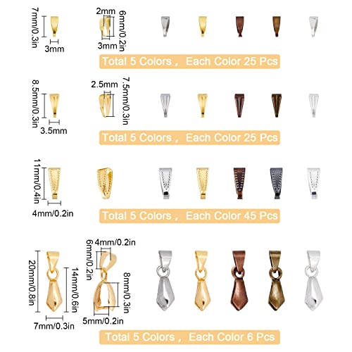 SUNNYCLUE 1 Box 500Pcs Brass Snap on Bails Set 30Pcs 2 Style Brass Pinch Bails 475Pcs 3 Style Snap on Bails Charm Bead Pendant Jewelry Connectors Bails for Earring Jewelry Making Supplies Craft - color: 5 Colors Antique Gold Silver Bronze Pinch Bails