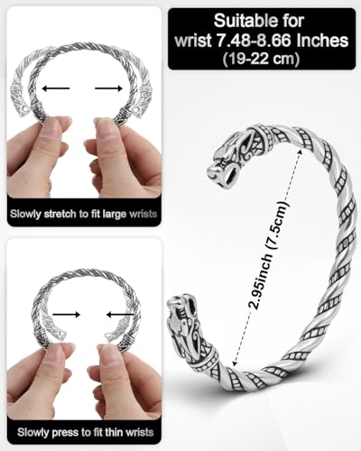 Stainless Steel Cuff Bracelet,Retro Gothic Punk Biker Cool Open Adjustable Cuff Bangle Bracelets Jewelry for Men Silver - style: Norse Viking Wolf