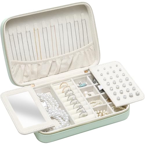 Genuine Leather Travel Jewelry Organizer Case Box with Mirror for Women, Small Mini Portable Jewelry Box for Ring Earrings Necklace Bracelet Luxury Gift for Women（Mint Green） - color: Caviar Grain Leather Mint Green