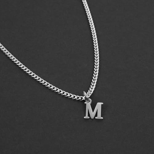 Men’s Minimal Initial Necklace, Stainless Steel Gold Silver Tone 26 Letters Pendant Necklace for Men Women 3.5mm Cuban Chain Waterproof - style: E