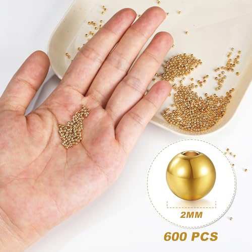 600pcs 2mm 18K Gold Filled Spacer Beads for Bracelets, Necklace, Earring - Seamless Tiny Small Gold Round Spacer Beads for Jewelry Making DIY Bulk Supply - size: 2mm-600pcs