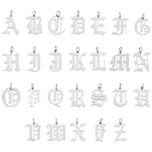 UNICRAFTALE 26pcs Metal Letter Pendants Old English Gothic Pendants Stainless Steel A-Z Letter Charms with Jump Ring for Bracelets, Necklaces and Earrings Craft Making, 3mm Hole - color: Metal Color/26pcs, size: 14-16mm