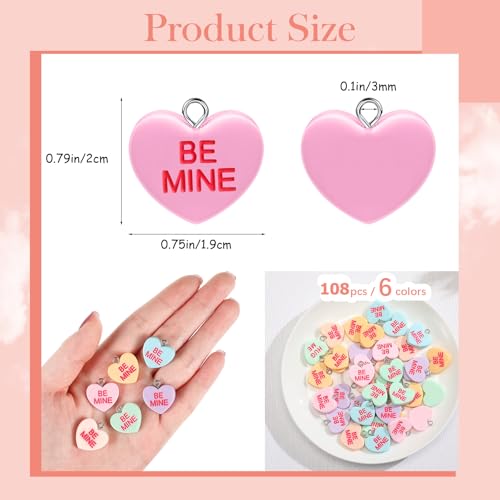 108 Pcs 6 Different Words Valentine's Day Candy Heart Charms Pendant DIY Heart Earring Charms Craft Supply for Jewelry Making