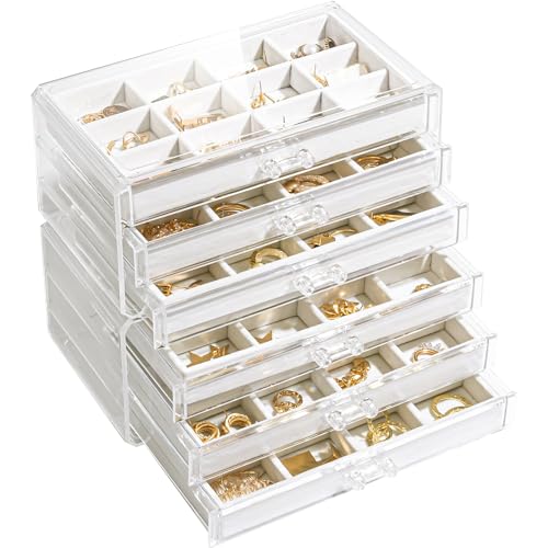 Lolalet Earring Holder Organizer Box Jewelry Storage with 6 Drawers, Clear Acrylic Stackable Earring Case with Adjustable Velvet Trays for Women on Dresser Vanity -Warmwhite, 6 Layers - color: Warmwhite, size: 6 Layers