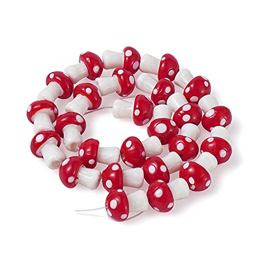 Cheriswelry 25pcs/Strand Mushroom Handmade Lampwork Beads Red Glass Loose Spacer Beads Cute Mini Mushroom Charms 16x12mm for DIY Craft Bracelet Earring Necklace Jewelry Making Hole: 1.8mm - color: Mushroom-Red