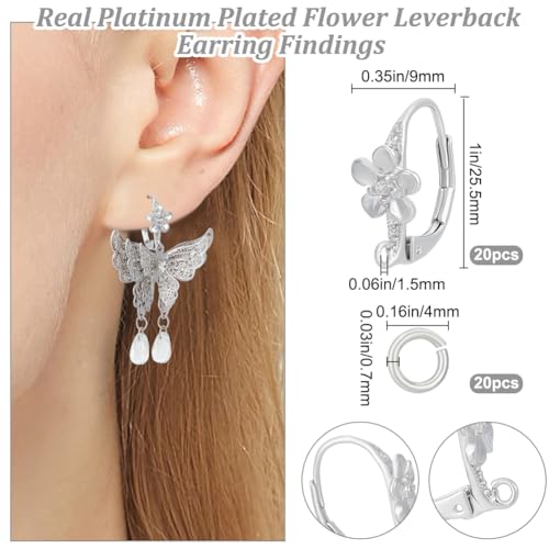 Beebeecraft 1 Box 20Pcs Flower Leverback Earring Findings Platinum Plated Brass French Earring Hooks with 20Pcs Jump Rings for DIY Jewellery Making - color: 20pcs Platinum Plated # 4