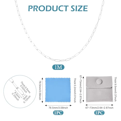 3.28 Feet Sterling Silver Paperclip Chain Paperclip Link Necklace Oval Cable Chain with Velvet Polishing Cloth Permanent Bracelet Kit 8.5x3mm for Women Men Necklace Jewelry Making - color: Silver