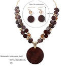 Layered Beads Statement Fashion Necklace Chunky Jewelry Set Big Colorful Glass Stone Circle Shell Pendant Choker Necklace and Earring Set for Women - color: Brown