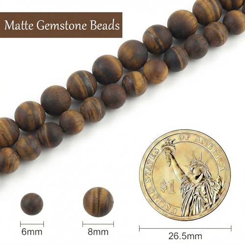 Stone Beads, 60pcs Matte Classic Tiger Eye, 6mm Round Loose Beads for Jewelry Making, Bracelets, with Bag, String & Card - color: Matte Classic Tiger Eye, size: 6mm