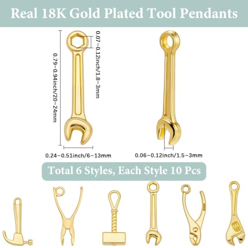 Beebeecraft 60Pcs 6 Style Mini Tool Charms 18K Gold Plated Alloy Hammer Wrench Charm for Jewelry Making DIY Crafts Bracelet Necklace Supplies - color: 60Pcs #1