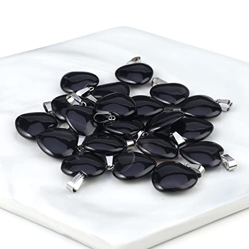 LE SKY 20 Pcs natural stone pendants heart shape healing stone charms for jewelry making - color: black agate