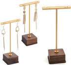 3 Pack Earring Display Stand, Golden Metal Earring T Bar Stand, Jewelry Towers with Wooden Square Base, Earring Hanging Holder for Jewelry Organizer Display