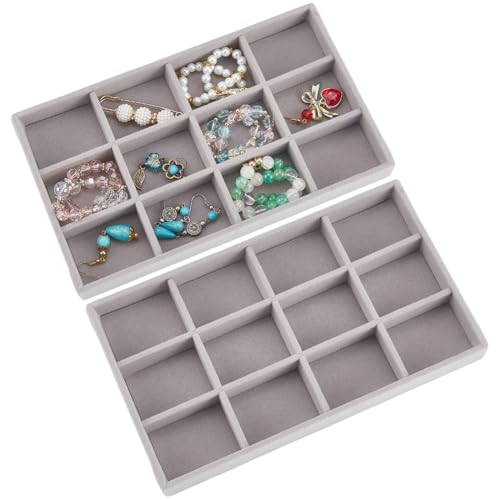 2Pcs 5 x 8.3 Inch Velvet Jewelry Trays Stackable Jewelry Organizer Removable Divider 12 Grids Divided Gray Necklace Storage Container Box Dresser Drawer Case for Earring Ring Display Showcase - style: 12 Grids