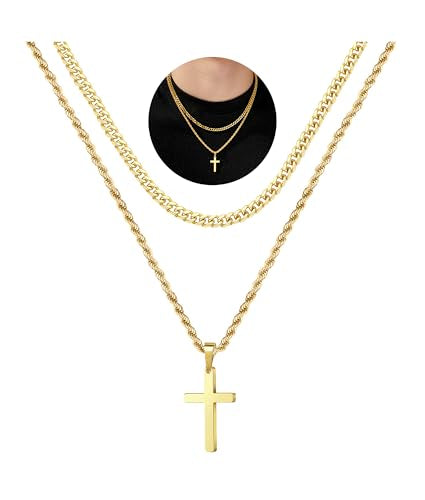 Yooblue Cross Necklace for Men, Gold Black Silver Mens Cross Necklaces Stainless Steel Cross Pendant Necklace Simple Jewelry Gifts Cross Chain Necklaces for Men - color: 14K-Gold-Plated, style: 18in/20in