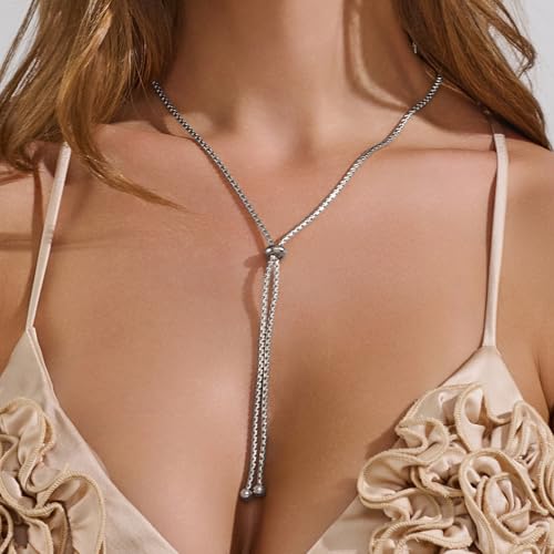 Gold Silver Necklace for Women Y Chain Adjustable Gold Long Necklaces Fashion Dainty Jewelry - color: silver B