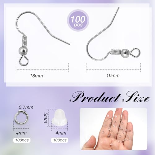 TOAOB 300pcs Earring Hooks Kits White Gold French Ear Wires with Ball and Coil 18mm Fish Hook Earring Making Supplies with Jump Rings and Clear Silicone Ear Backs for DIY Jewelry Findings - color: White gold