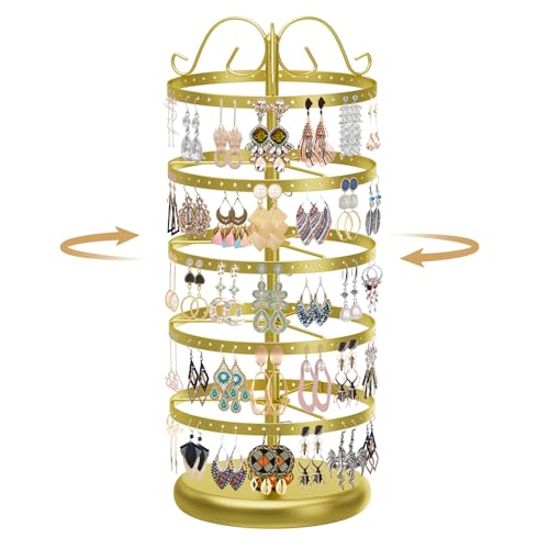MODOWEY Rotating Earring Holder Organizer Stand, 5 Tier Metal Tree Display for Women Vendors, 220 Holes Adjustable Jewelry rack for Stud Hoop Dangle Storage, Trendy Carousel Keeps Dresser Neat, Gold - color: Gold, size: 5 Tier, 220 Holes