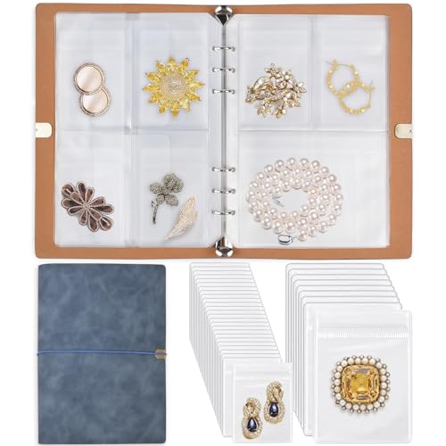 ChezMax Jewelry Organizer, Jewelry Storage Book with Pockets, Foldable Earrings Travel Album, PU Leather Accessories Holder Booklet for Necklace Rings (64 Grids+64 Anti-Oxidation PVC Bags) Haze Blue - color: Haze Blue