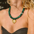 Gold Heart Pendant Necklaces for Women Colorful Acrylic Resin Beaded Choker Necklace Fashion Chunky Statement Beaded Heart Necklace - color: Dark-green