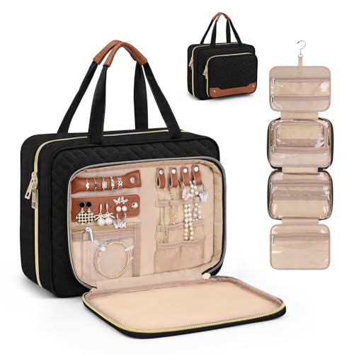 Wedama Toiletry Bag for Women, Hanging Travel Toiletry Bag with Jewelry Organizer Compartment Large Makeup Bag, PVC Waterproof Cosmetic Travel Bag for Travel Business Trips Camping Bathroom, Black - color: Black, size: Large, style: With Jewelry Organizer
