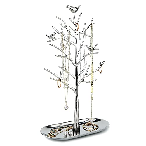 MORE&LESS Branch Jewelry Rack with metal tray,Luxury color,Tree Tower Rack Hanging Organizer for Ring Earrings Necklace Bracelet,Suitable for living rooms, bathrooms,offices,etc. - color: A Silver-Metal Tray