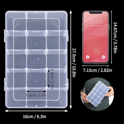 SGHUO 2 Pack 15 Girds Bead Organizer, Large Clear Plastic Organizer Box with Adjustable Dividers for Beads, Art DIY, Crafts, Jewelry, Fishing Tackle with Label Stickers - size: 2pcs