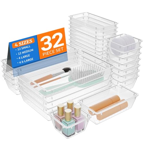 StorMiracle 32 PCS Clear Plastic Drawer Organizer Set, 4-Size vanity organizer Trays and Storage Bins for Makeup, Jewelry and Gadgets in Bedroom, Bathroom and Office, Clear - color: Clear