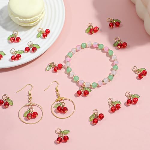 Tyqour 30 Pcs Red Cherry Charms Bulk 3D Mini Glass Fruit Charms for Jewelry Making Fruit Cherry Beads Pendants for Earrings Necklace Bracelet Anklet DIY Craft