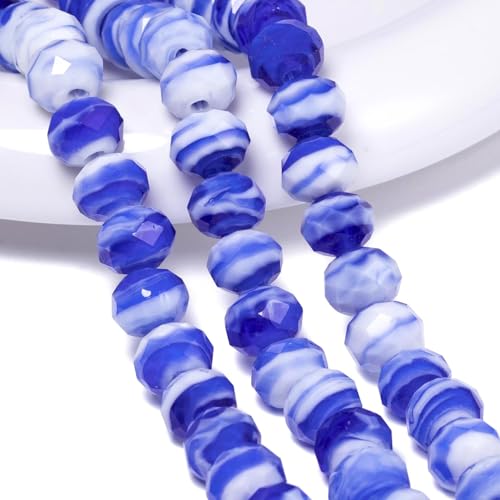 7.5×10mm 50pcs Blue White Faceted Lampwork Glass Beads for Jewelry Making, Flat Round Handmade Murano Beads for Bracelets, Crafts, Friendship Bracelet Kit, Rosary Making - color: Blue White