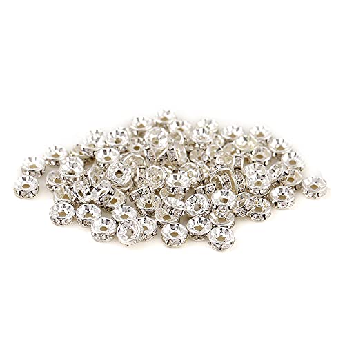 200PCS Rondelle Spacer Beads 6mm Silver Plated Czech White Crystal Rhinestone for Jewelry Making - color: 200Pcs Silver Plated/White, size: 6mm